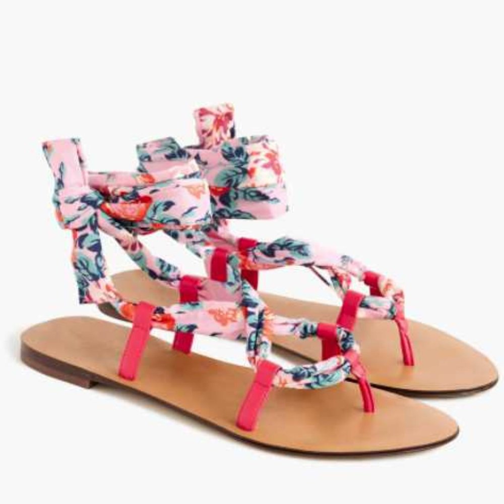 NEW WOMEN'S J CREW WRAP AROUND LACE-UP SANDALS IN LIBERTY FLORAL PRINT PINK SHOE